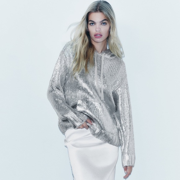 Zara FOIL HOODED KNIT SWEATSHIRT - Picture 1 of 12
